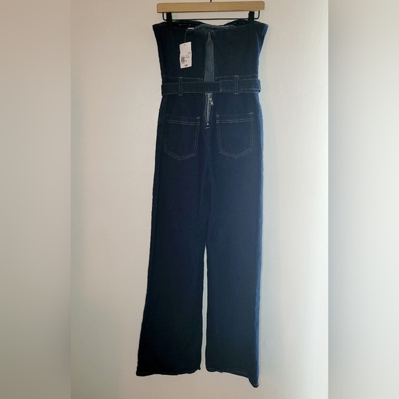 Forever 21 Belted Strapless Denim Jumpsuit Women Small Wide-leg Zip Pocket FLAW - Picture 2 of 15